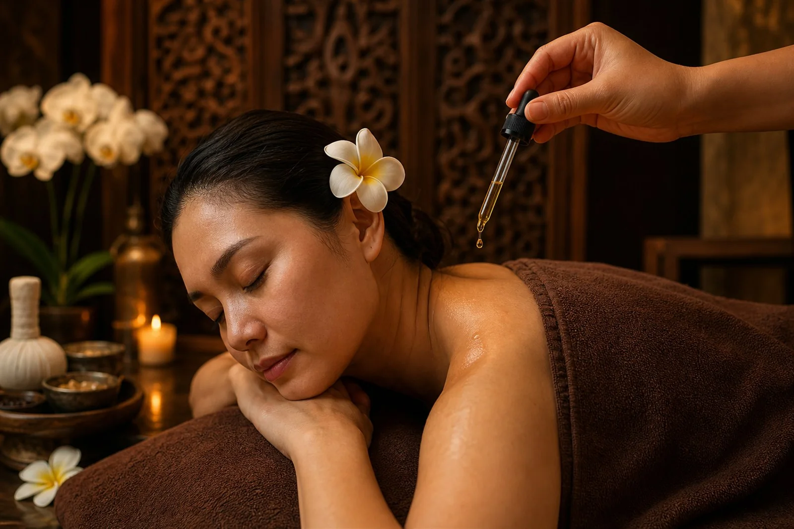 Essential oil bottles and candlelight set out for an aromatherapy massage