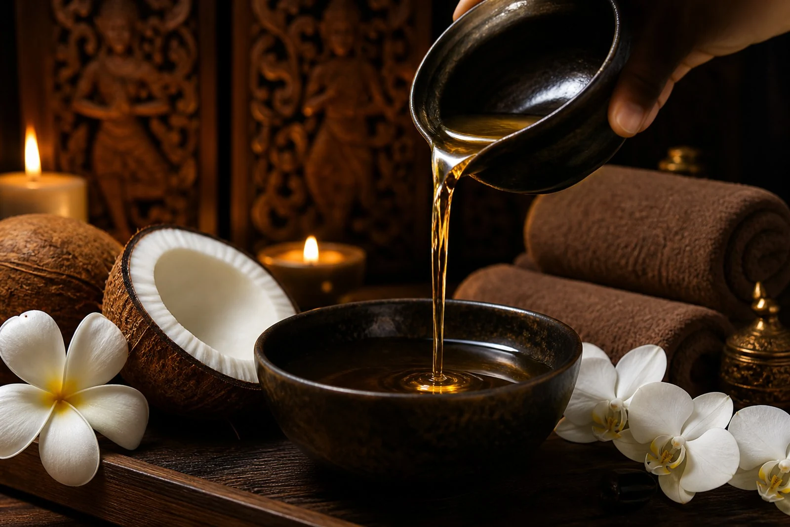 Guest relaxing during a warm coconut oil massage in a candlelit treatment room