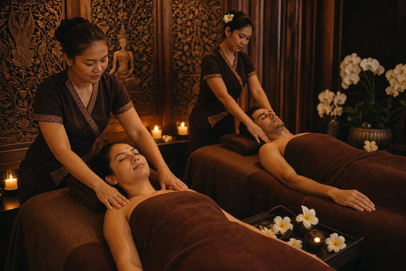 Calm private couples treatment room set with two beds