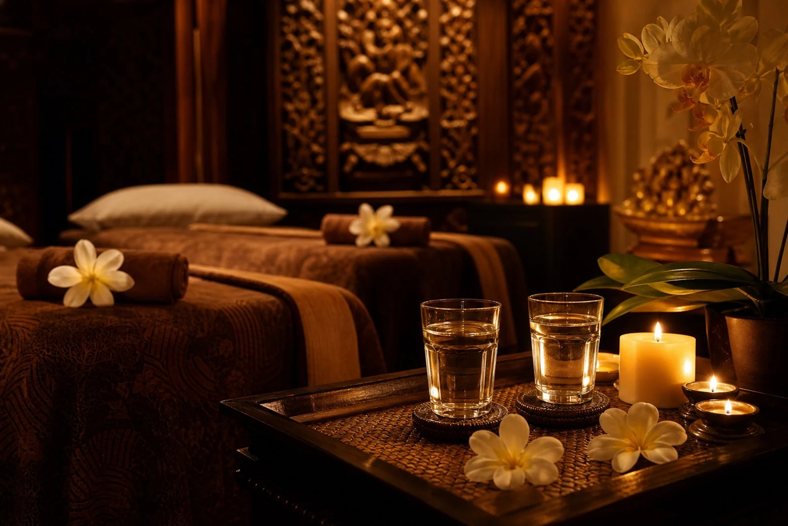 Warm, intimate spa room lit for an evening couples treatment