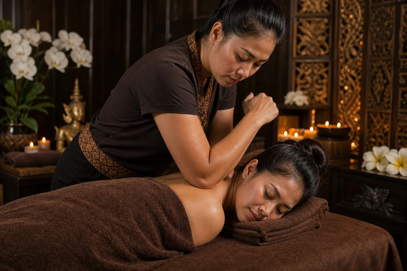 Therapist working firmly along a guest's back during a deep tissue massage
