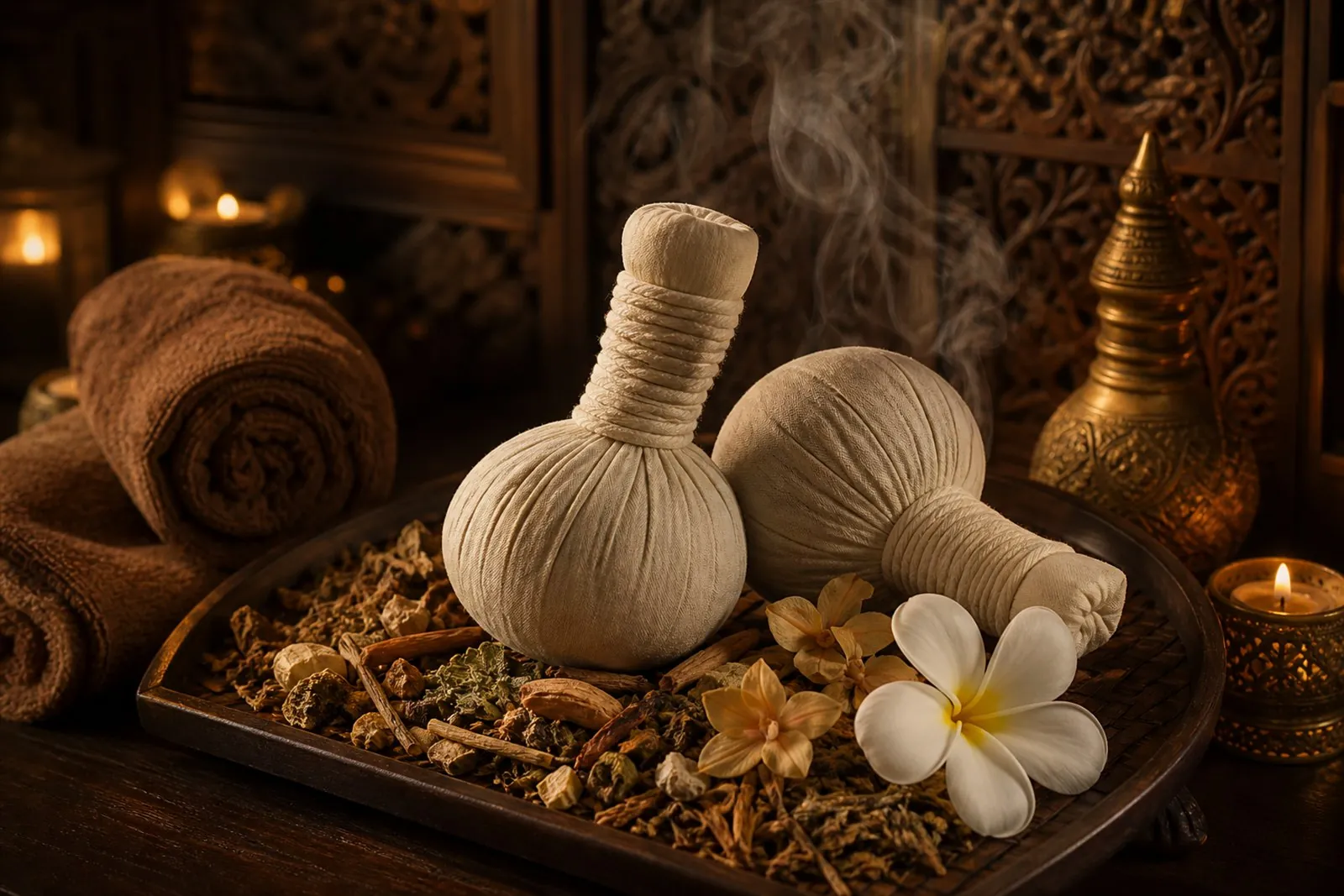 Thai herbal compress bundles and warm candlelight at Siri Thai Spa