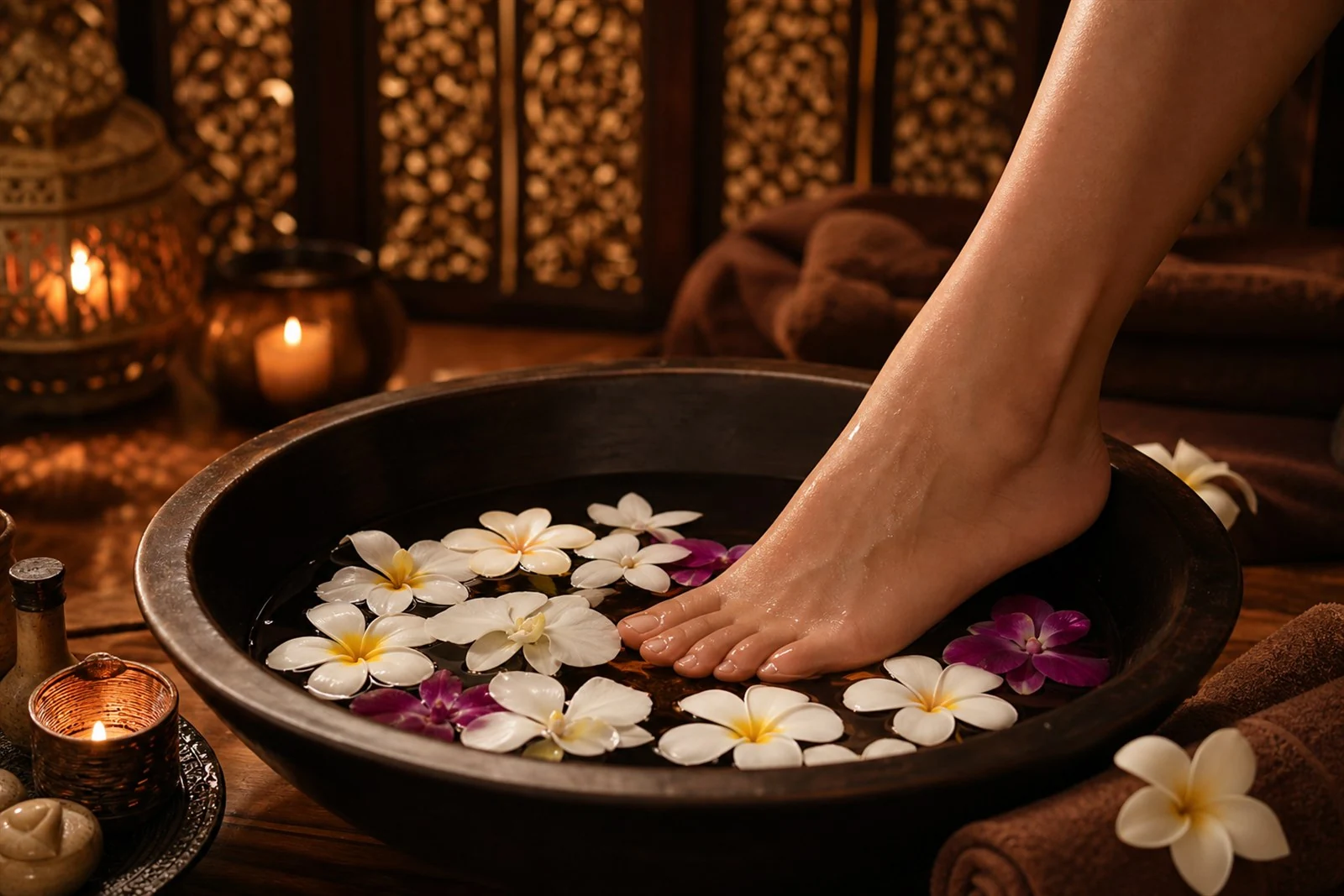 Close, cosy relaxation moment with bare feet resting on a soft surface