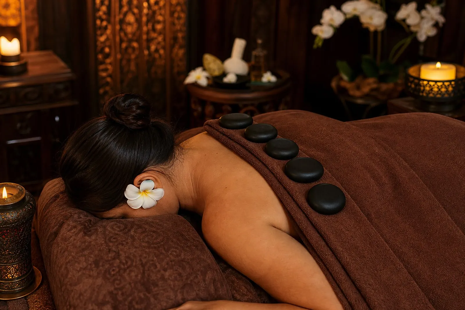 Smooth heated stones placed along a guest's back during a hot stone massage