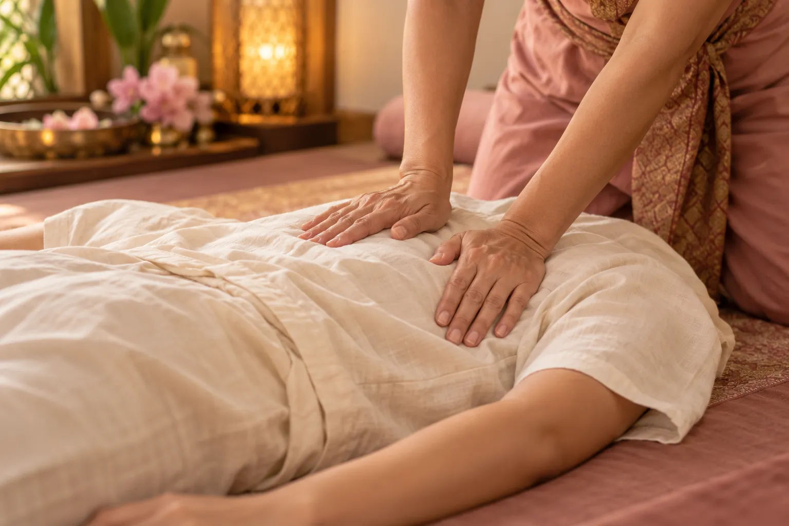 Gentle palm pressure on a clothed shoulder blade
