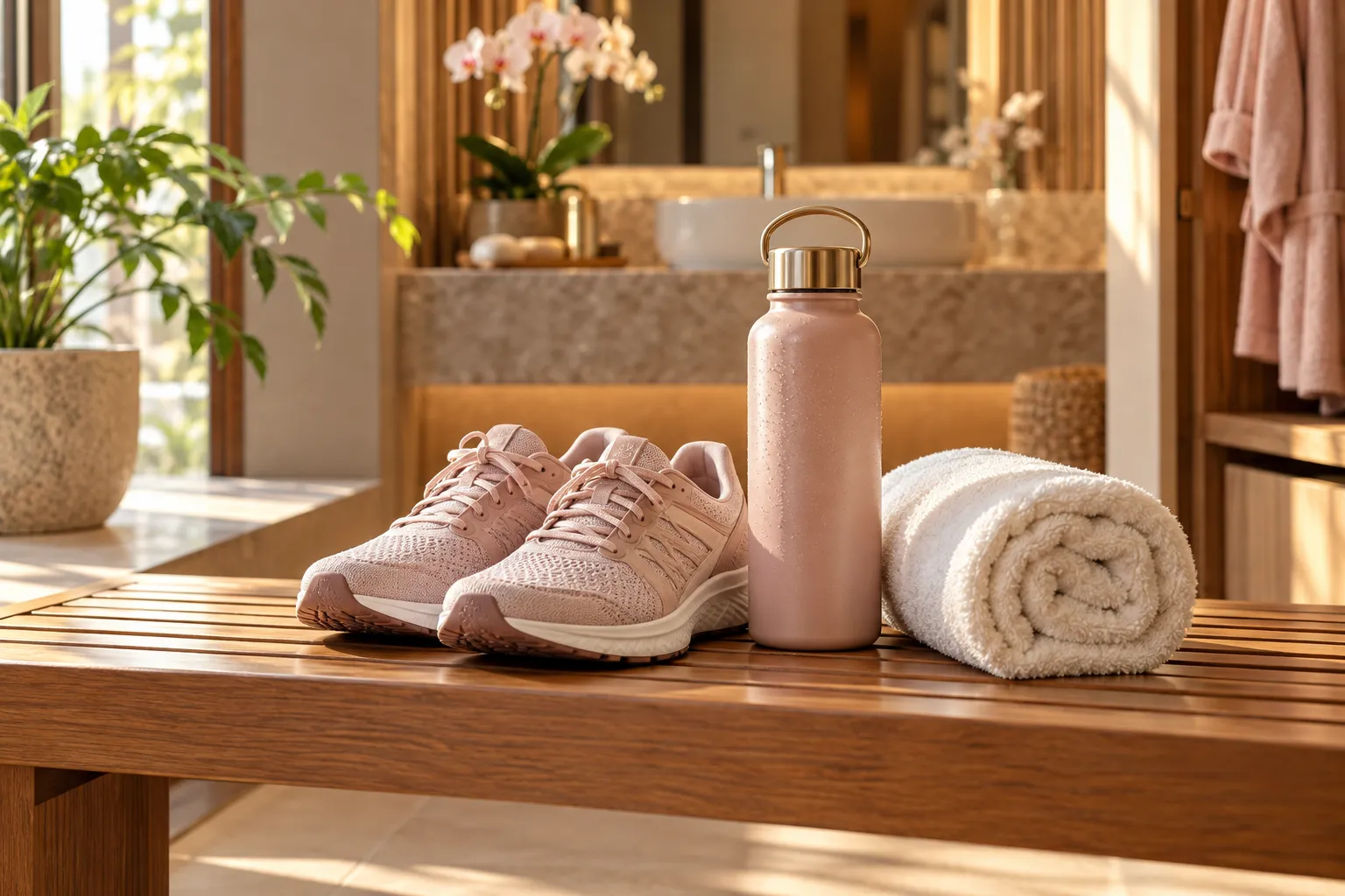 Running shoes and a towel on a timber bench