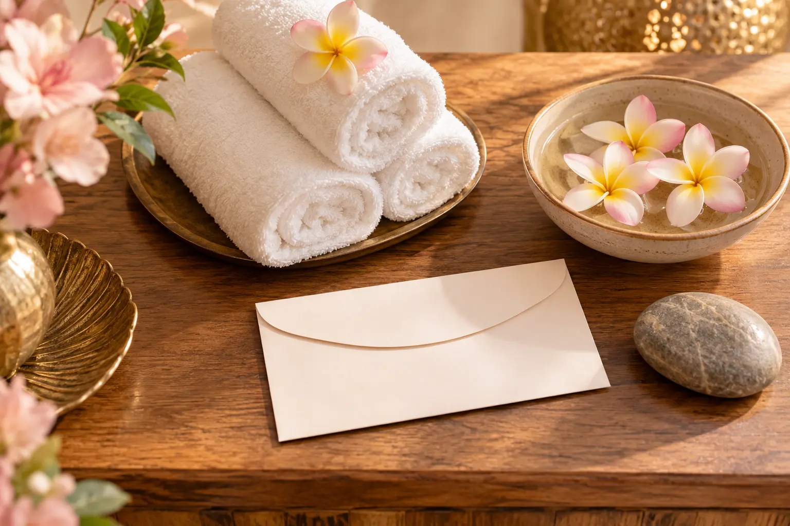 Towels, frangipani and a gift envelope on a spa counter
