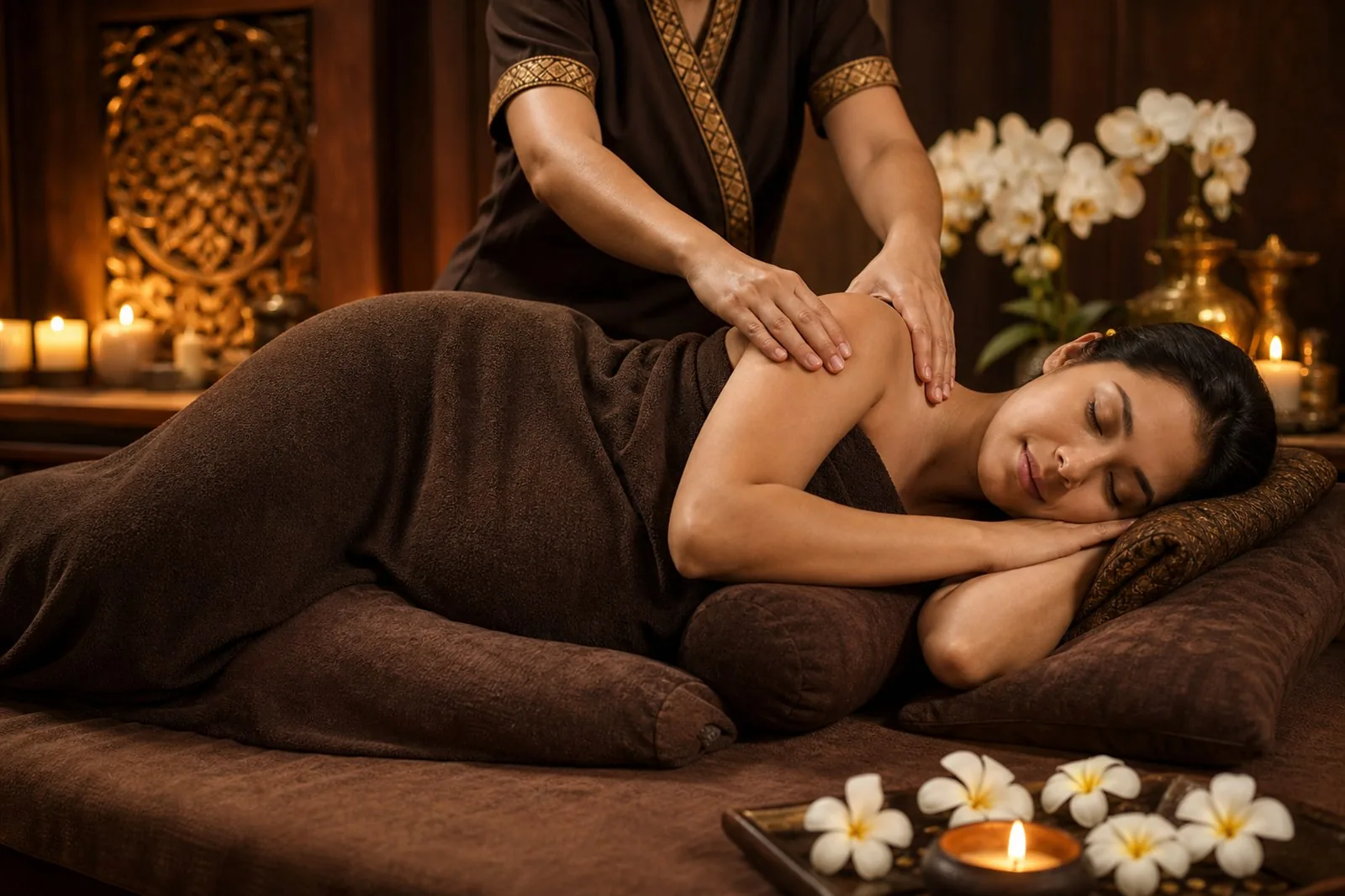 Softly lit, restful treatment room with pillows and folded towels