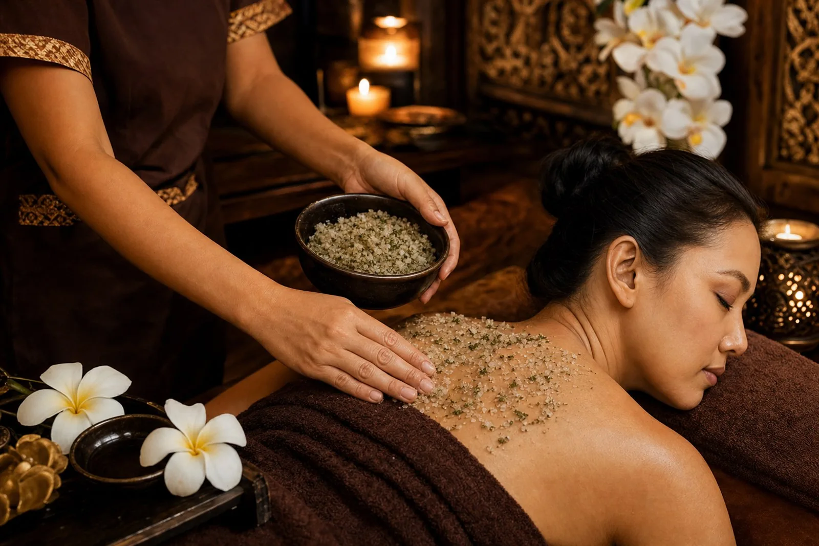 Fresh folded towels and body scrub preparation at a Thai spa