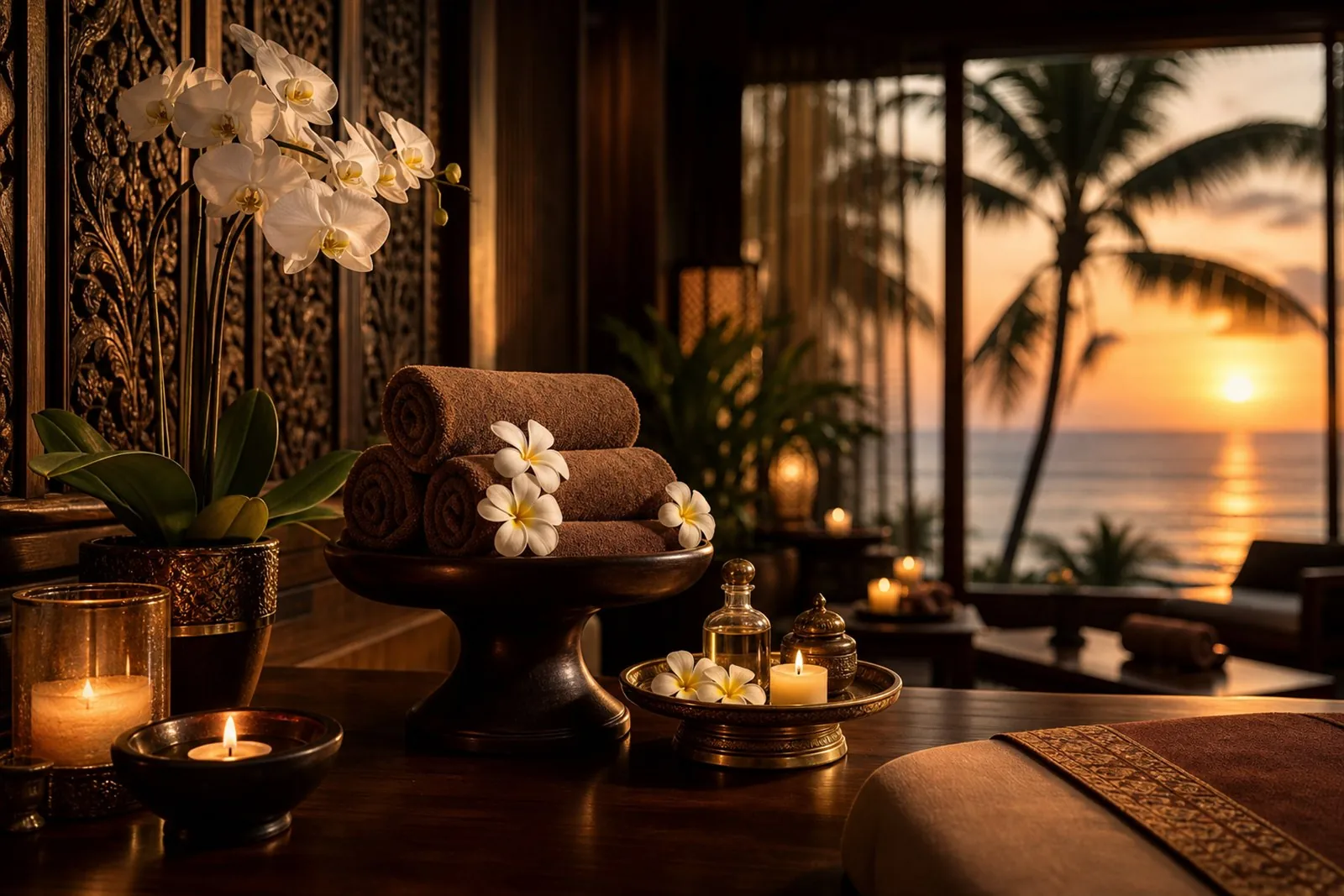 Calm seaside-village spa setting with natural light