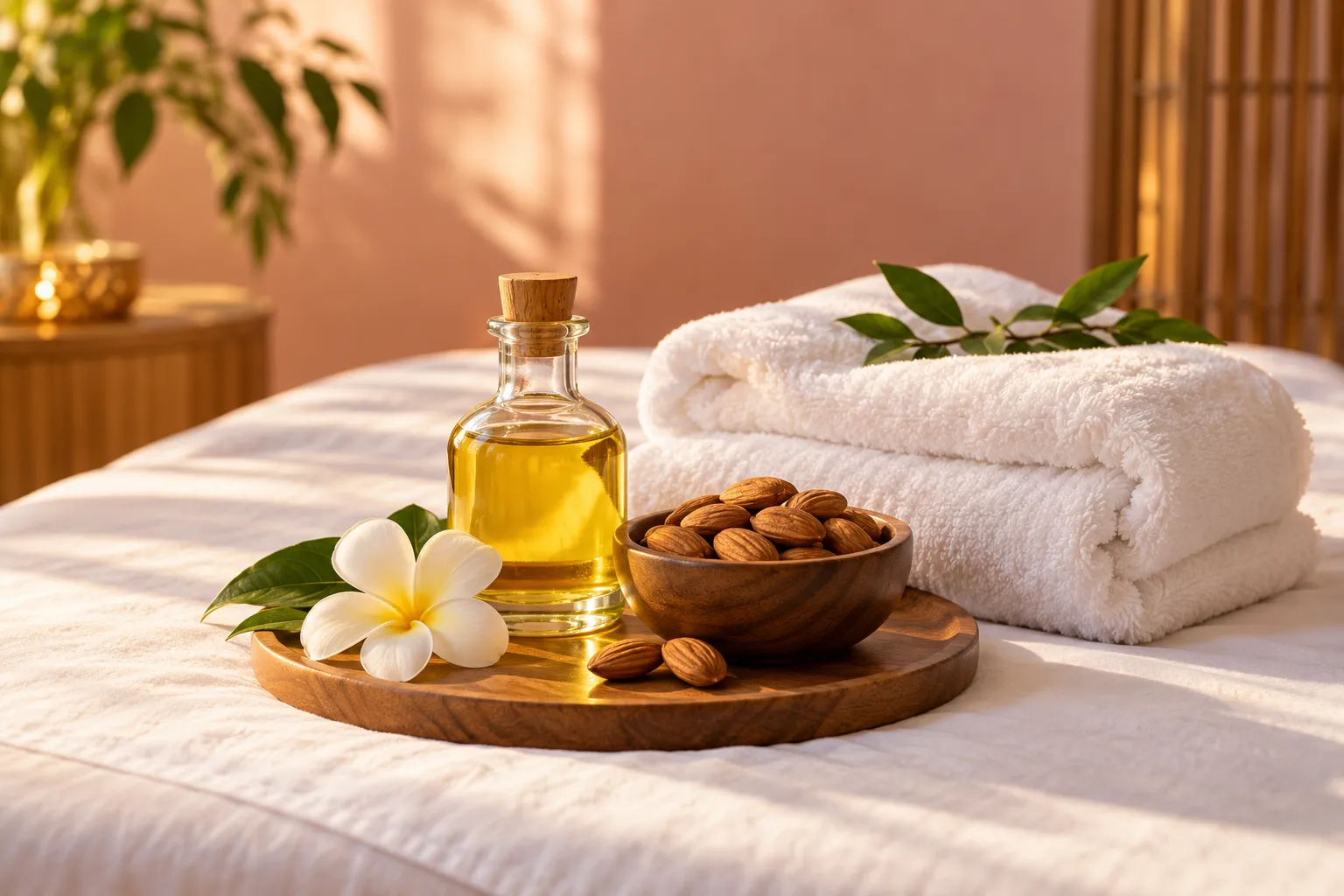 Sweet almond oil and towels on a massage table