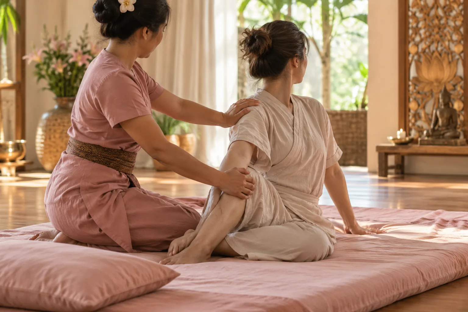 Assisted seated twist during a Thai massage