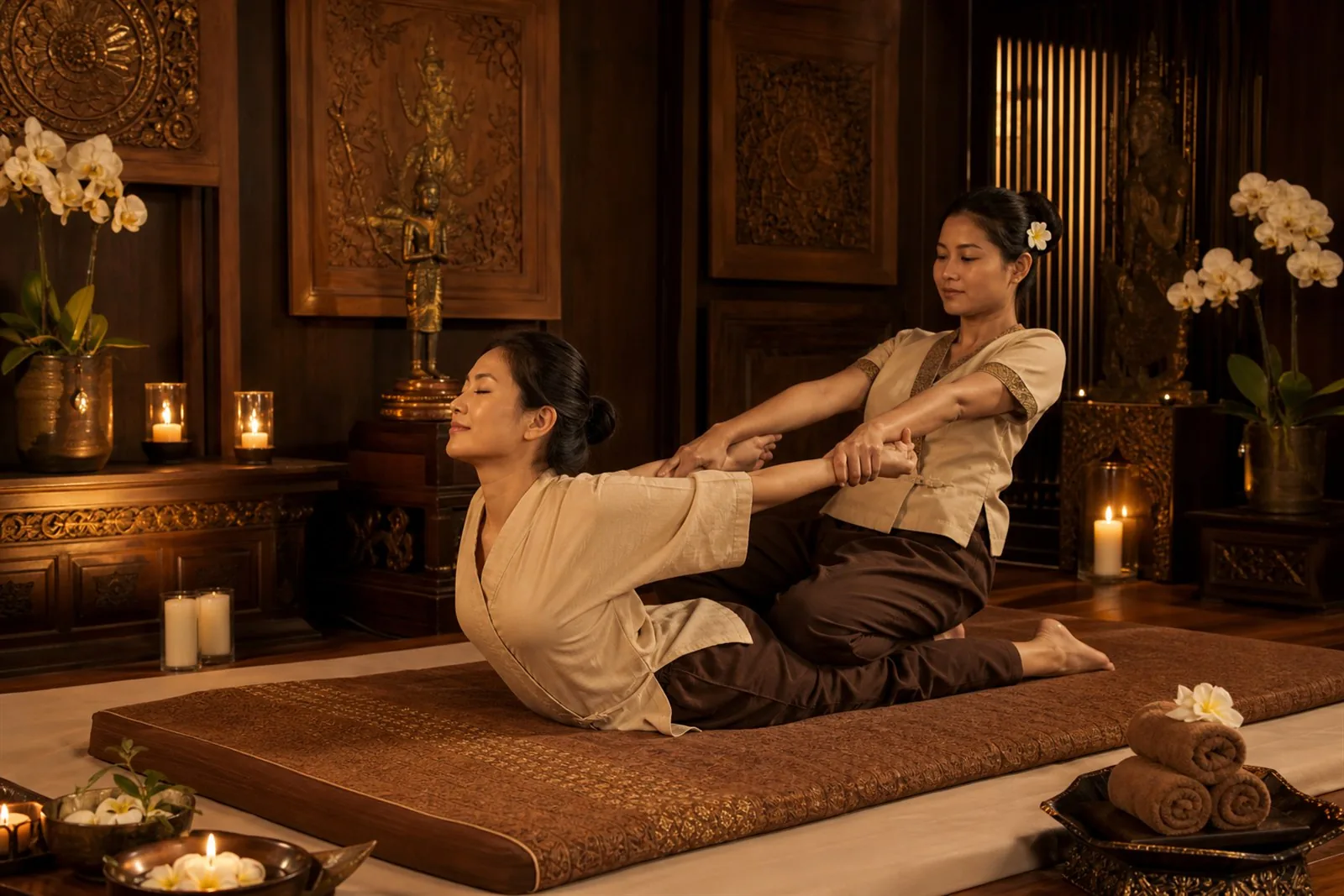 Therapist guiding a guest through a stretch during traditional Thai yoga massage