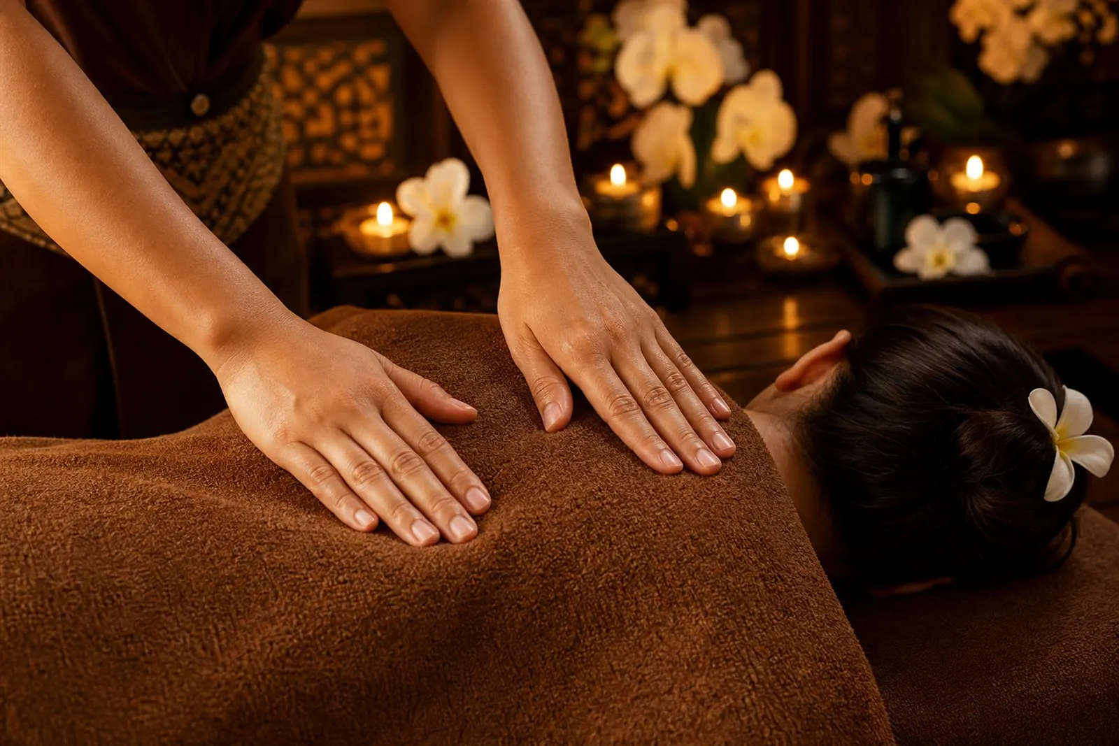 Therapist's hands resting gently on a guest's shoulders during a treatment