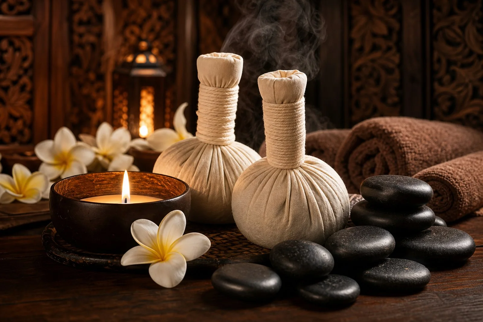 Warm candlelit spa room with soft blankets on a winter afternoon
