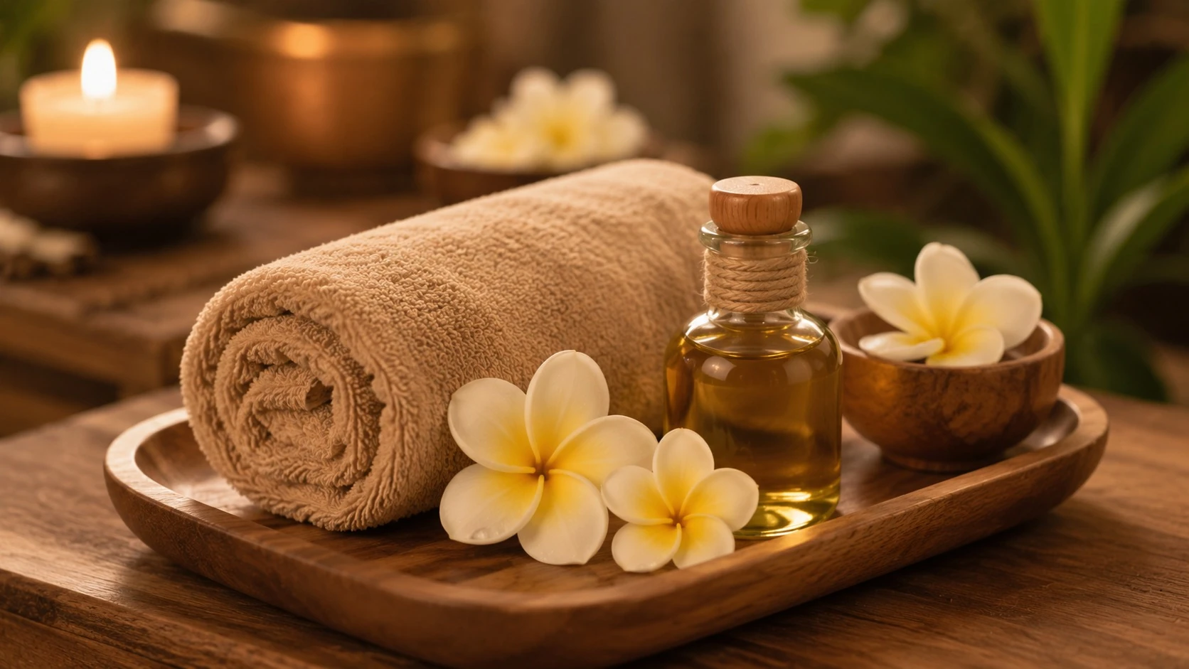 Calming spa flatlay with towel and flowers